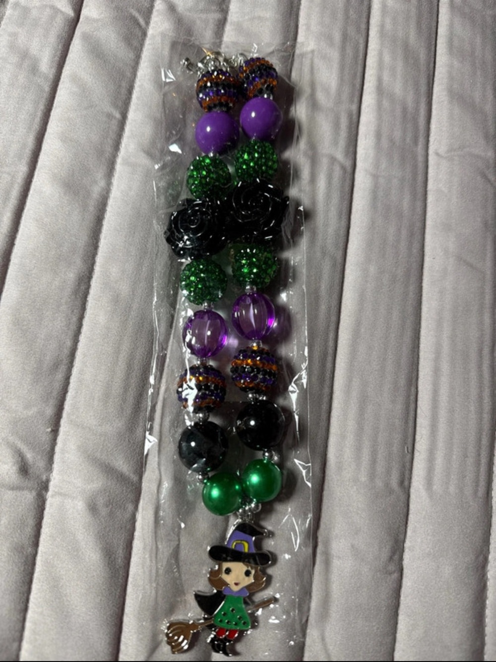 Kids Halloween Witch Beaded Necklace - Purple & Green